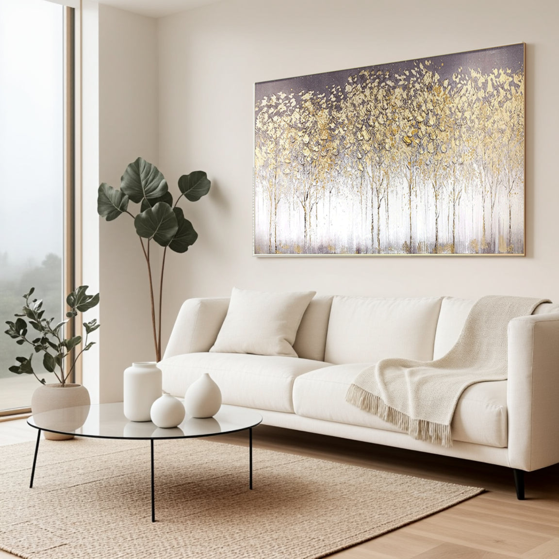 Sculptural Golden White Blossom Forest Canvas