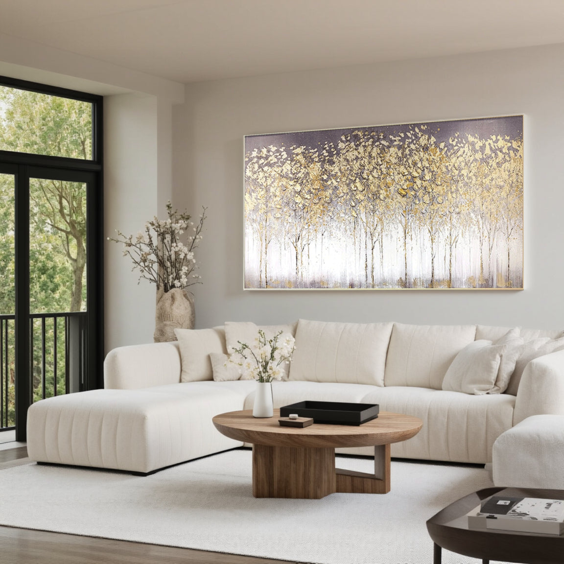 Sculptural Golden White Blossom Forest Canvas