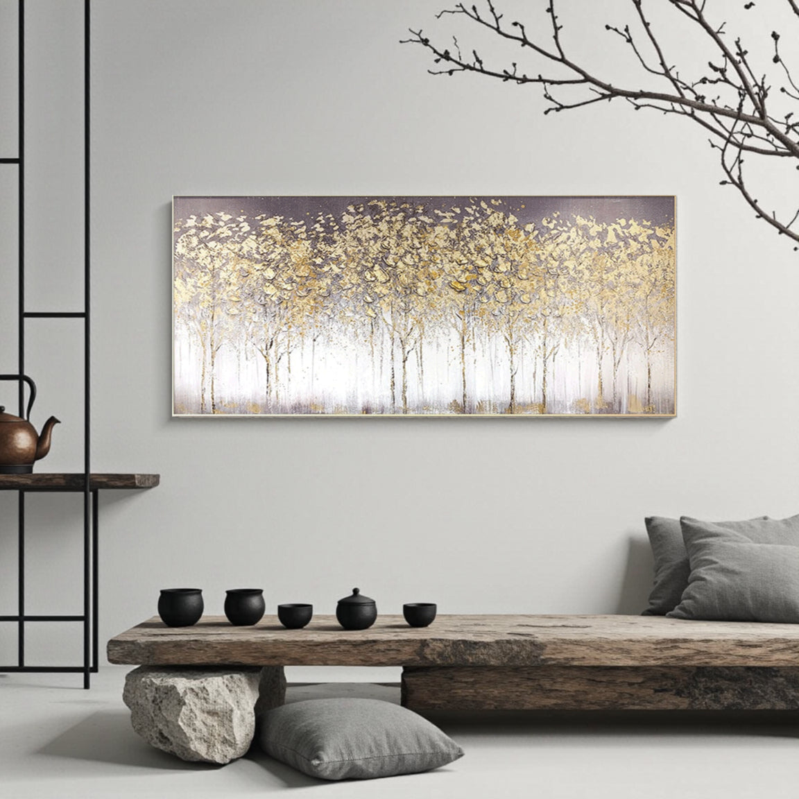 Sculptural Golden White Blossom Forest Canvas