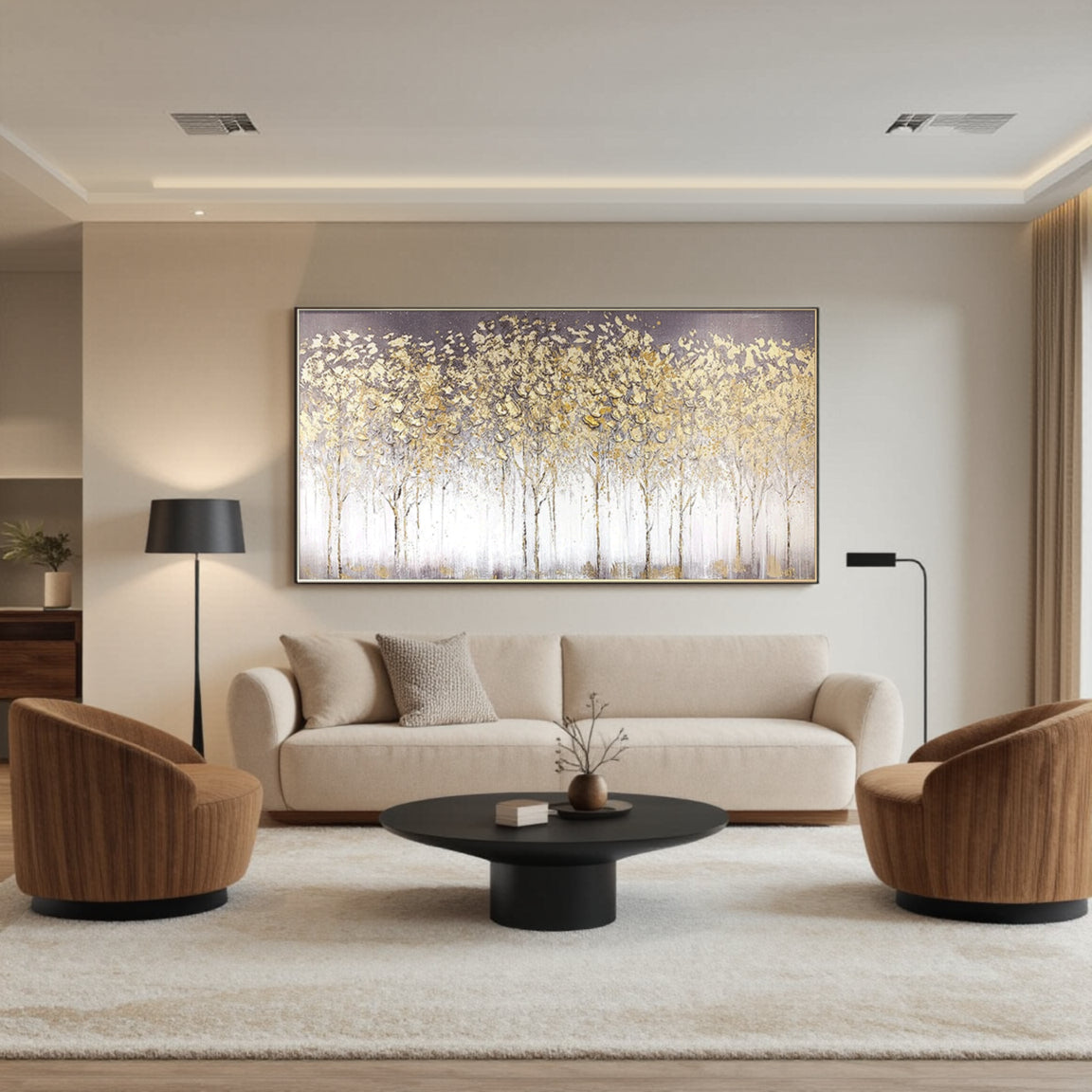 Sculptural Golden White Blossom Forest Canvas