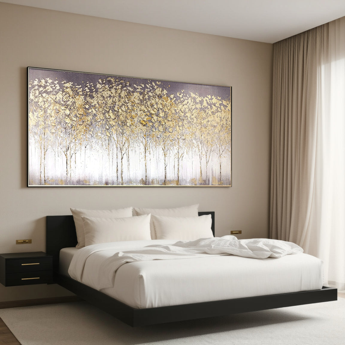 Sculptural Golden White Blossom Forest Canvas