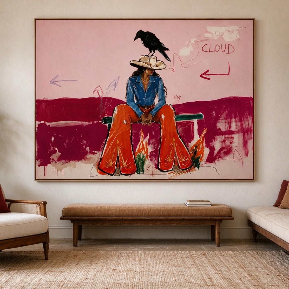 Vintage Americana Art | Blush Pink Cowgirl & Crow Western Oil Painting
