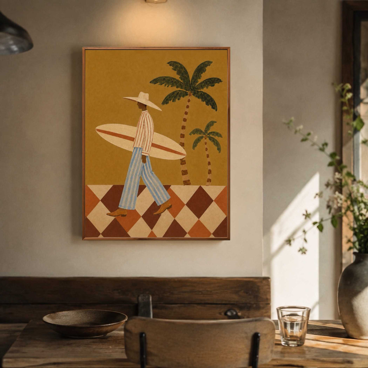 Contemporary Folk Art | Surfer with Palm Trees