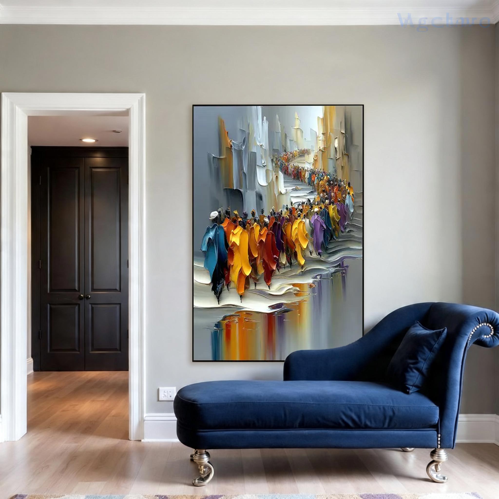 Large Colorful Crowd Procession Canvas Painting