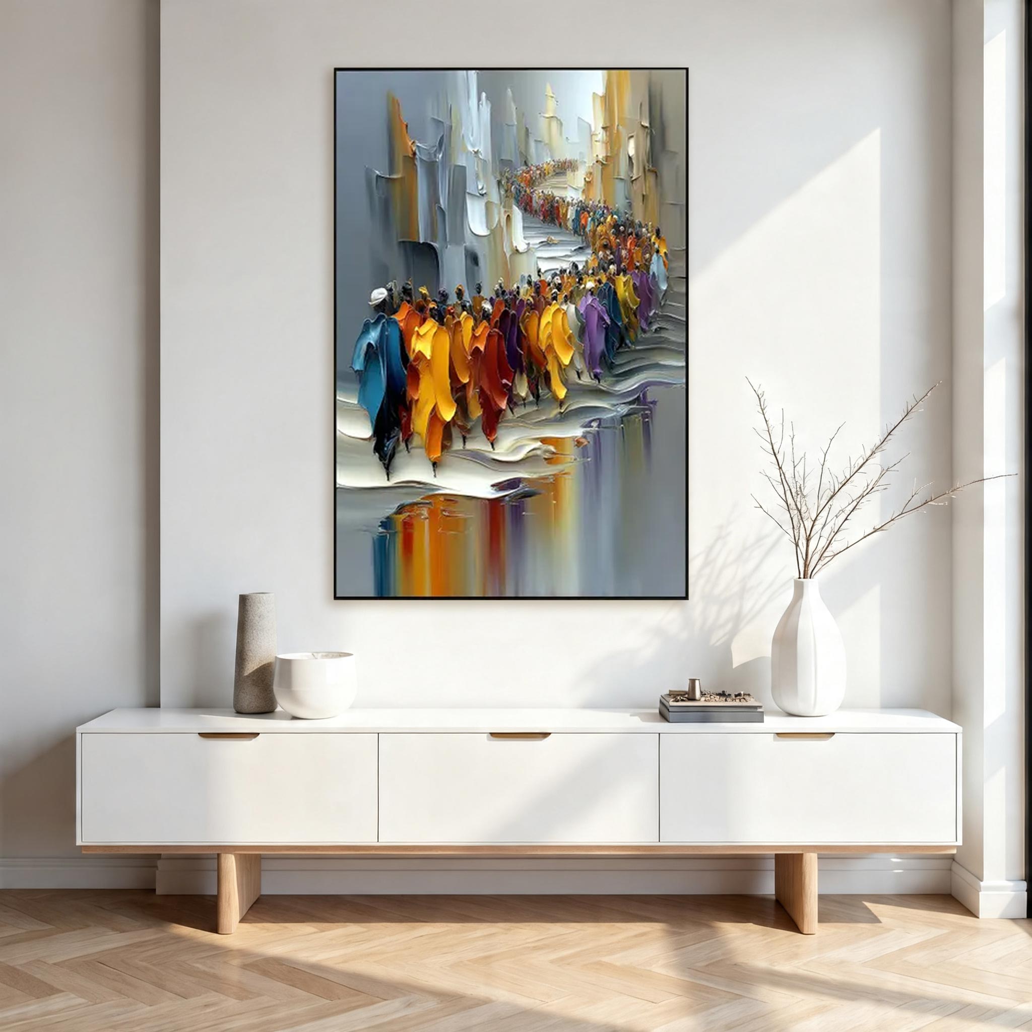Large Colorful Crowd Procession Canvas Painting