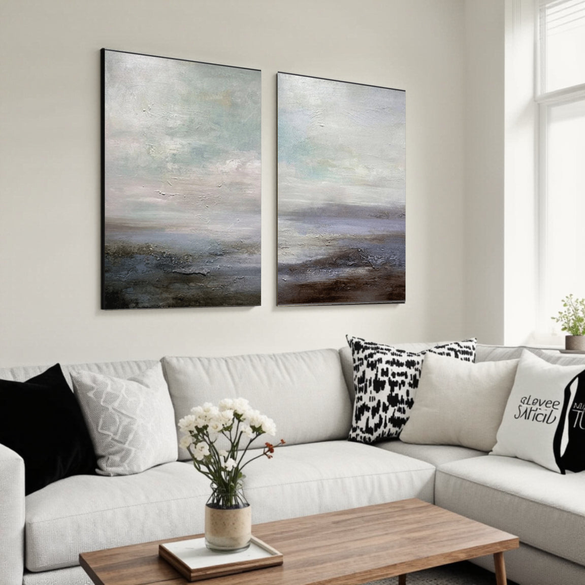 Muted Blue Gray Abstract Canvas Set of 2