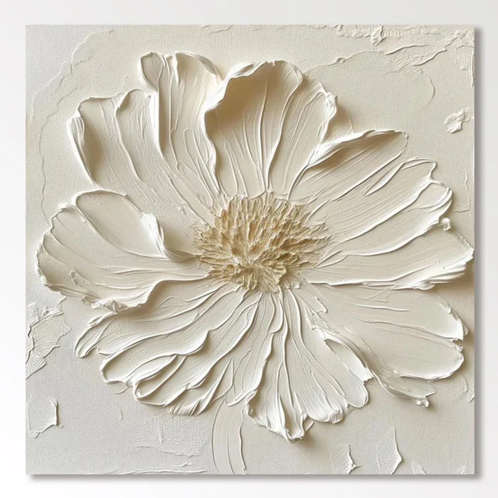 White Textured Flower Wall Art – Minimalist Relief Canvas