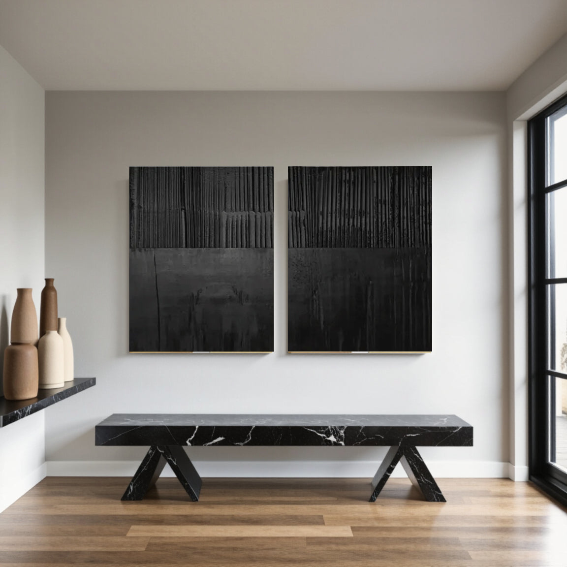 Black Minimalist Textured Painting Canvas Set of 2