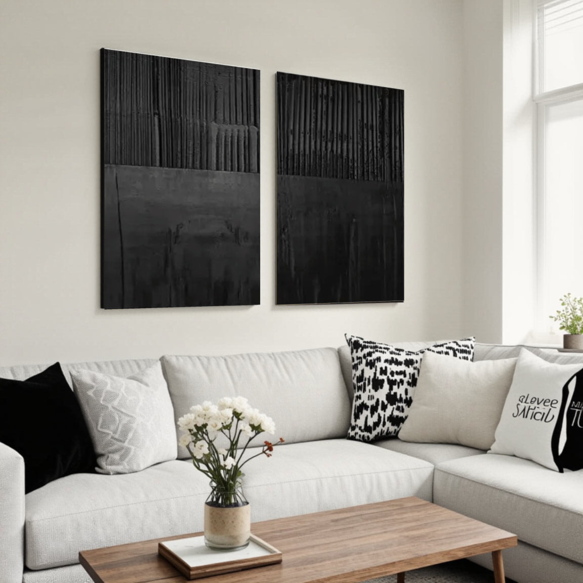 Black Minimalist Textured Painting Canvas Set of 2