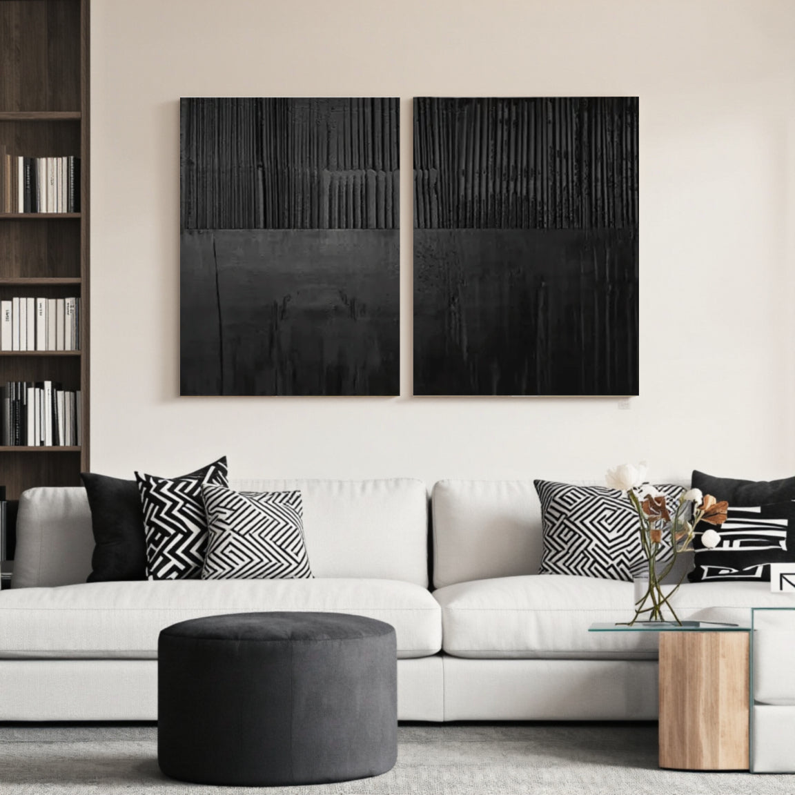 Black Minimalist Textured Painting Canvas Set of 2