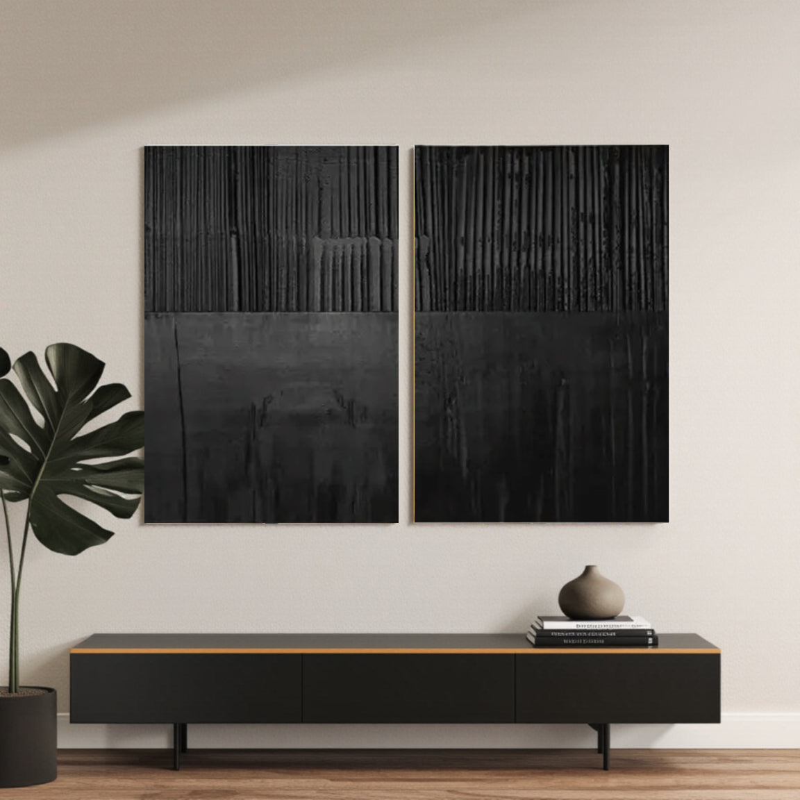Black Minimalist Textured Painting Canvas Set of 2
