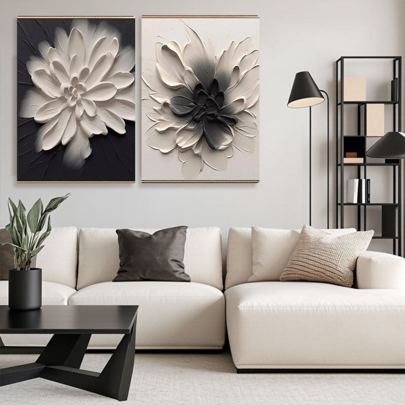Sculptural Black White Dahlia Canvas Set of 2