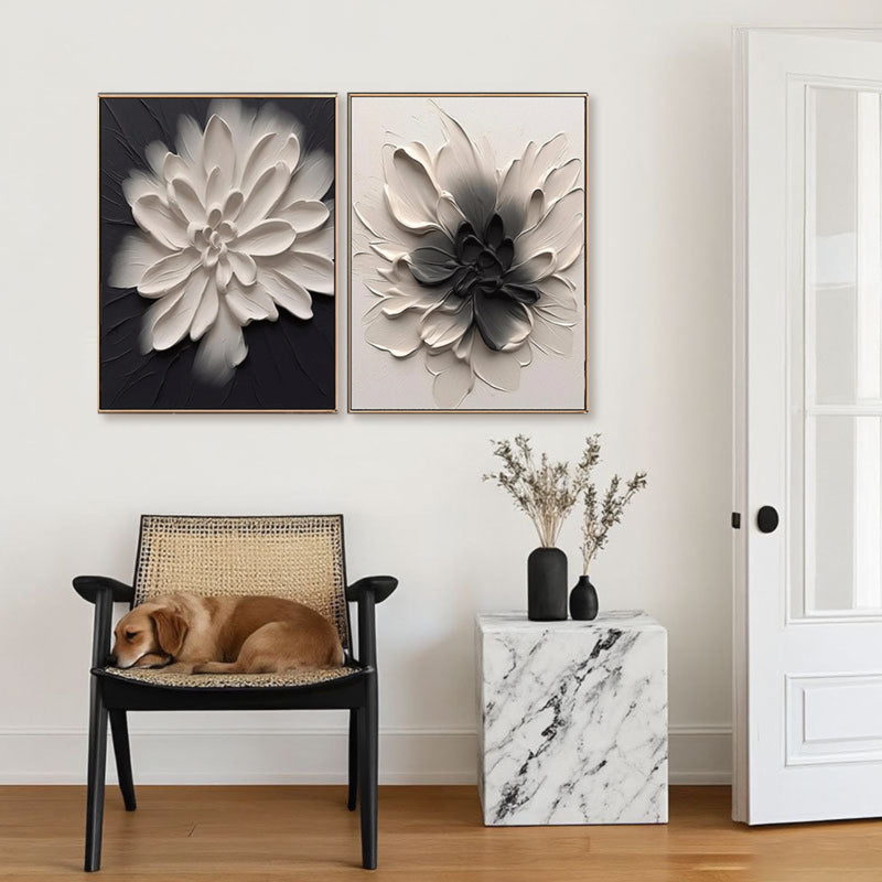 Sculptural Black White Dahlia Canvas Set of 2