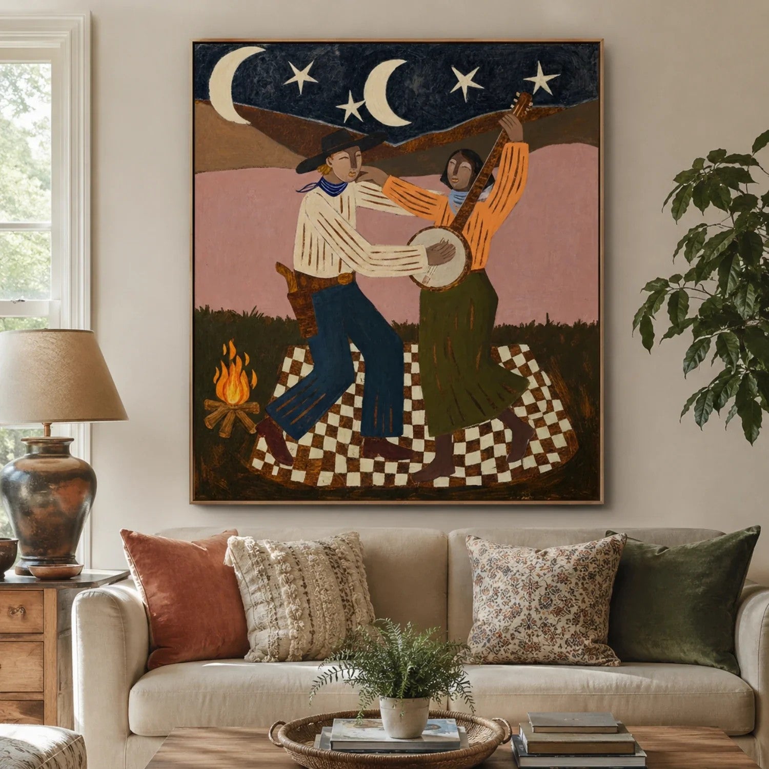 Rustic Folk Moonlit Campfire Duet Wall Art