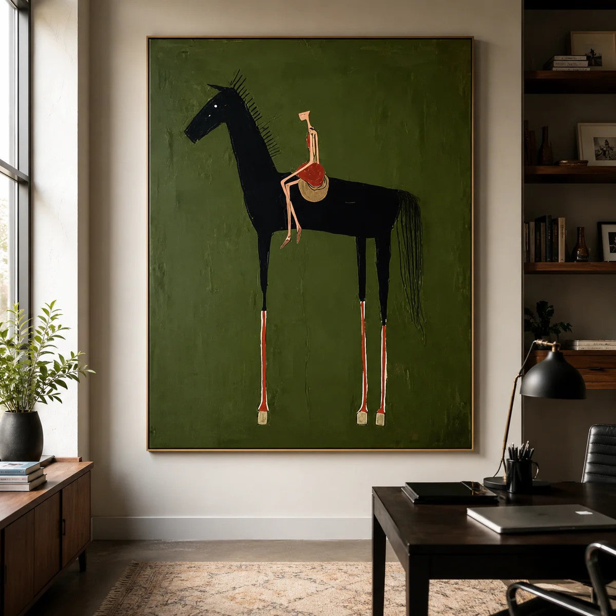 Rustic Folk Elongated Rider on Black Horse Wall Art