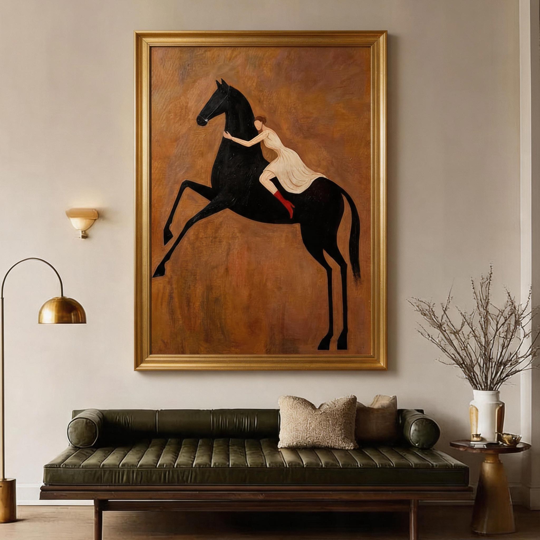 The Leap — Woman & Rearing Black Horse Canvas Wall Art
