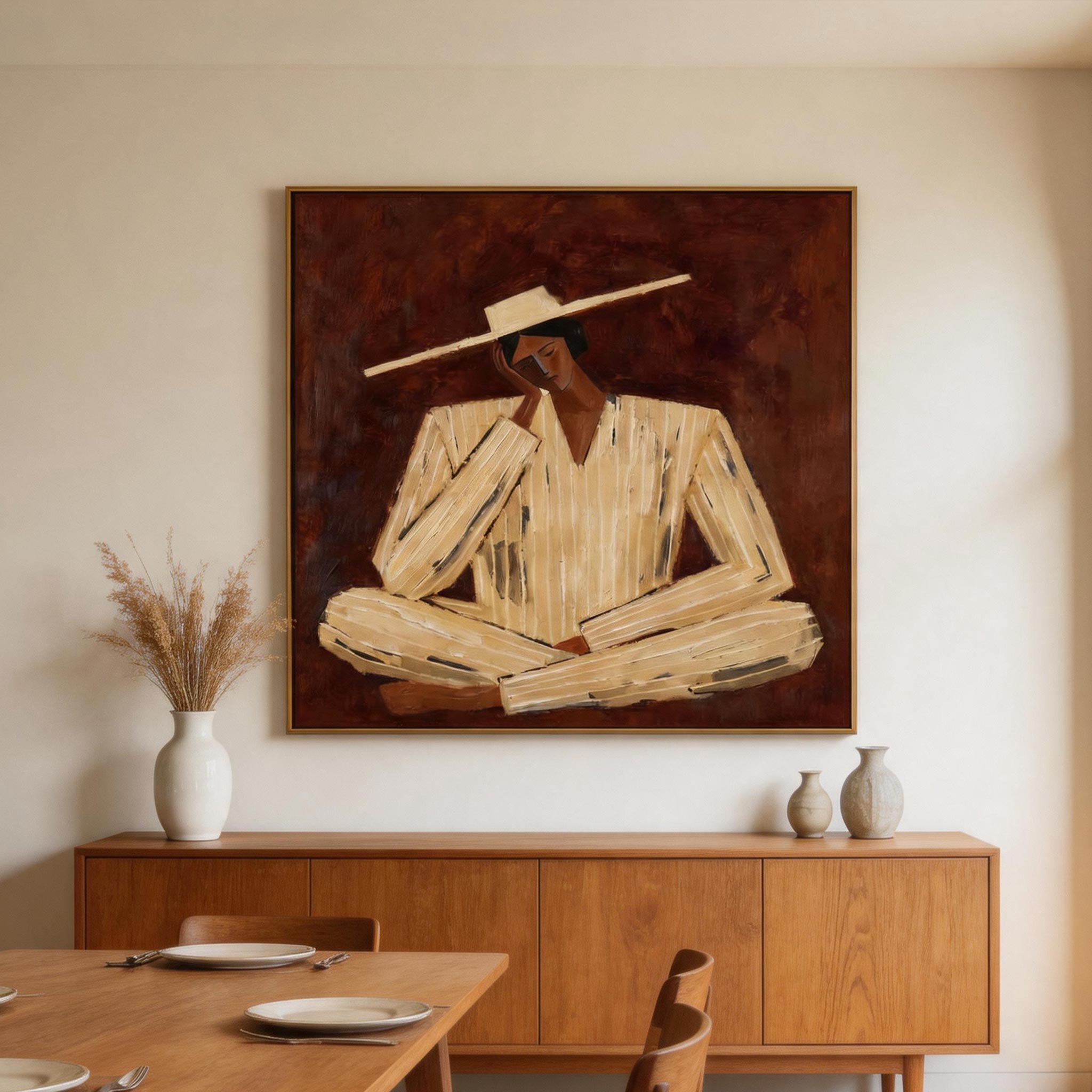 Still — Seated Figure in Wide Hat Canvas Wall Art, Ochre & Oxblood