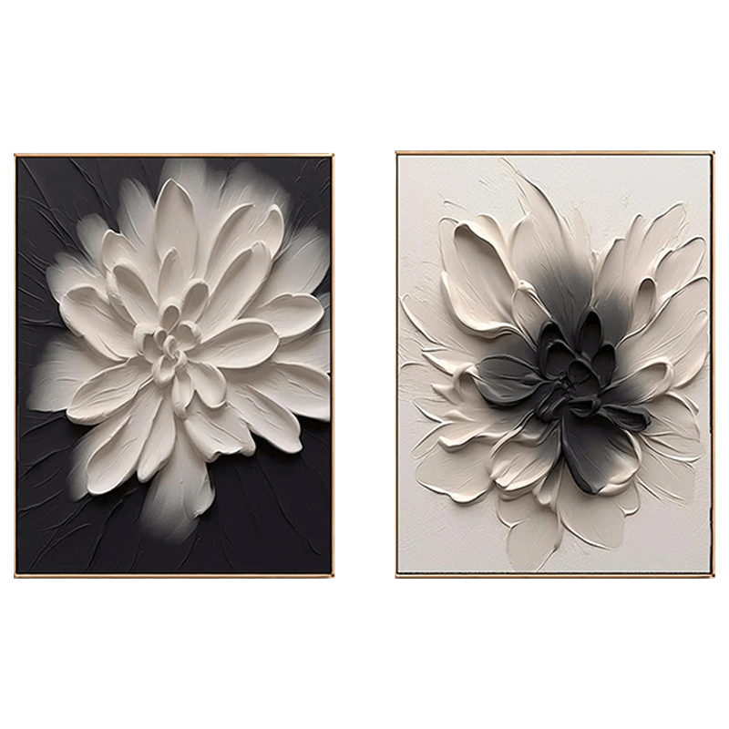 Sculptural Black White Dahlia Canvas Set of 2