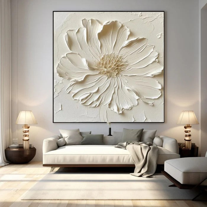 White Textured Flower Wall Art – Minimalist Relief Canvas
