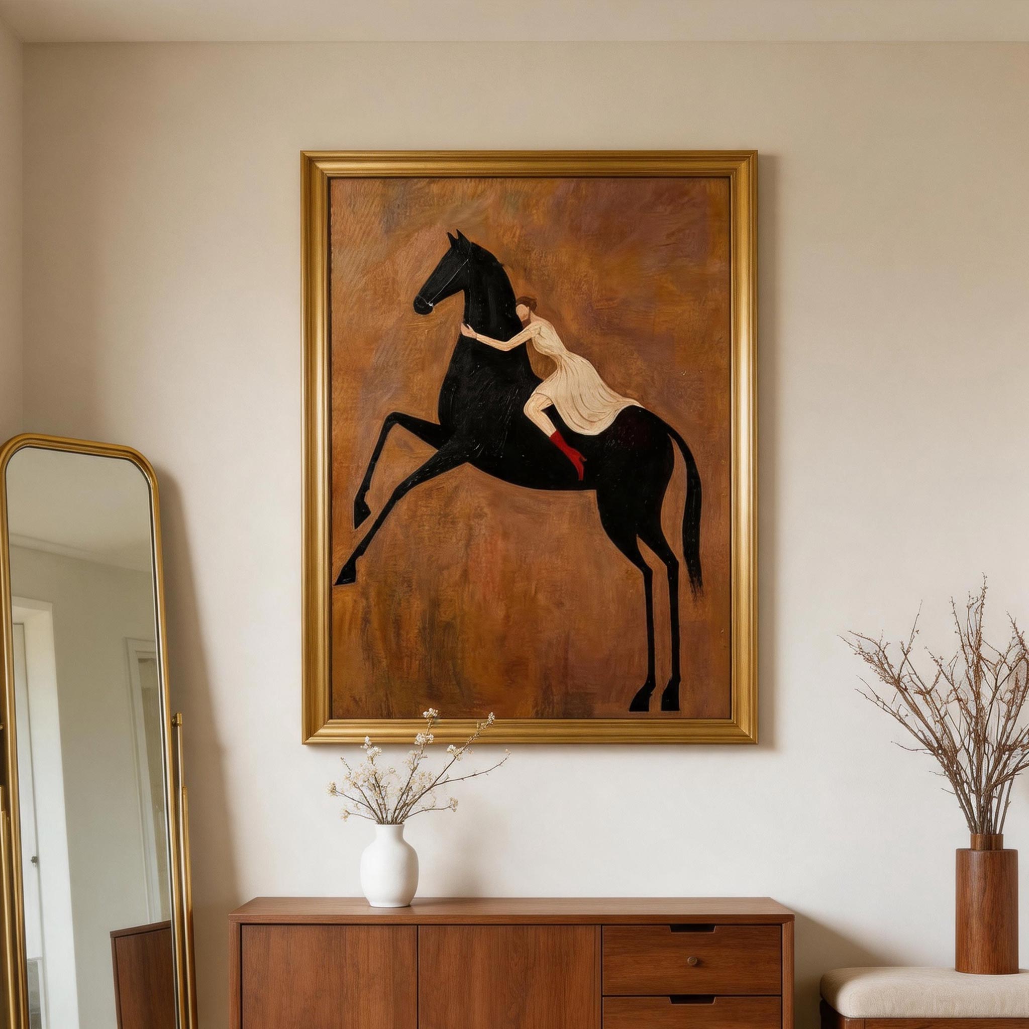 The Leap — Woman & Rearing Black Horse Canvas Wall Art