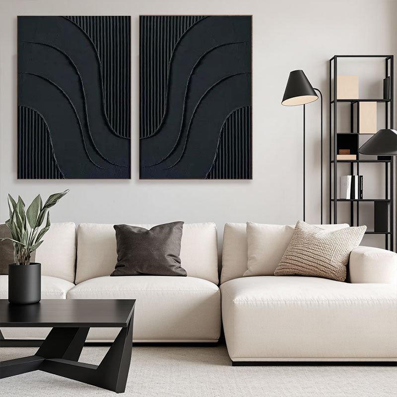 Black Plaster Art Minimalist Textured Paintings Set of 2