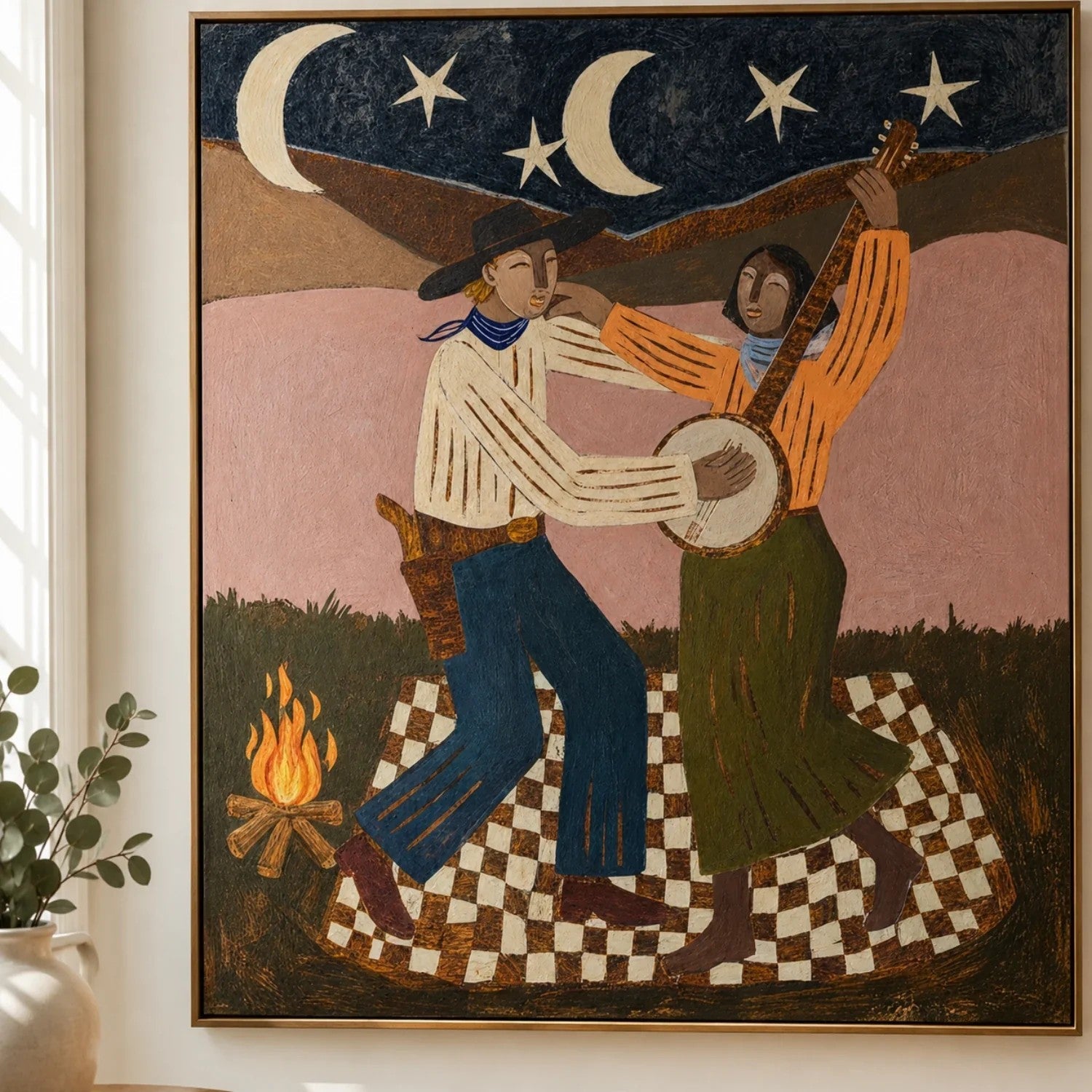 Rustic Folk Moonlit Campfire Duet Wall Art