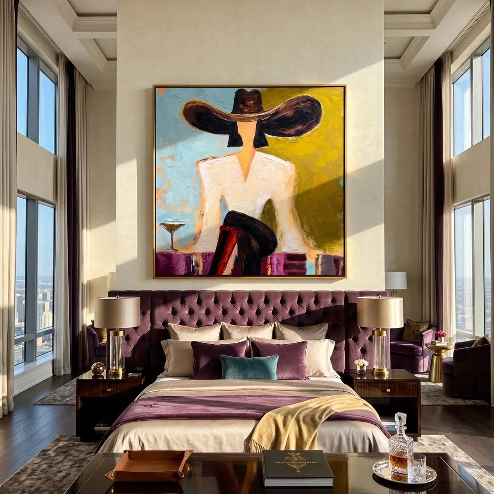 Flat-Toned Wide Brim Hat Figure Wall Art