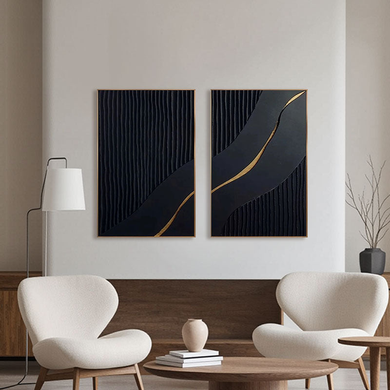 Black Gold Minimalist Textured Paintings Set of 2