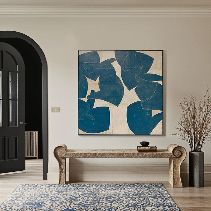 Hand-Painted Navy Leaf Block Wall Art