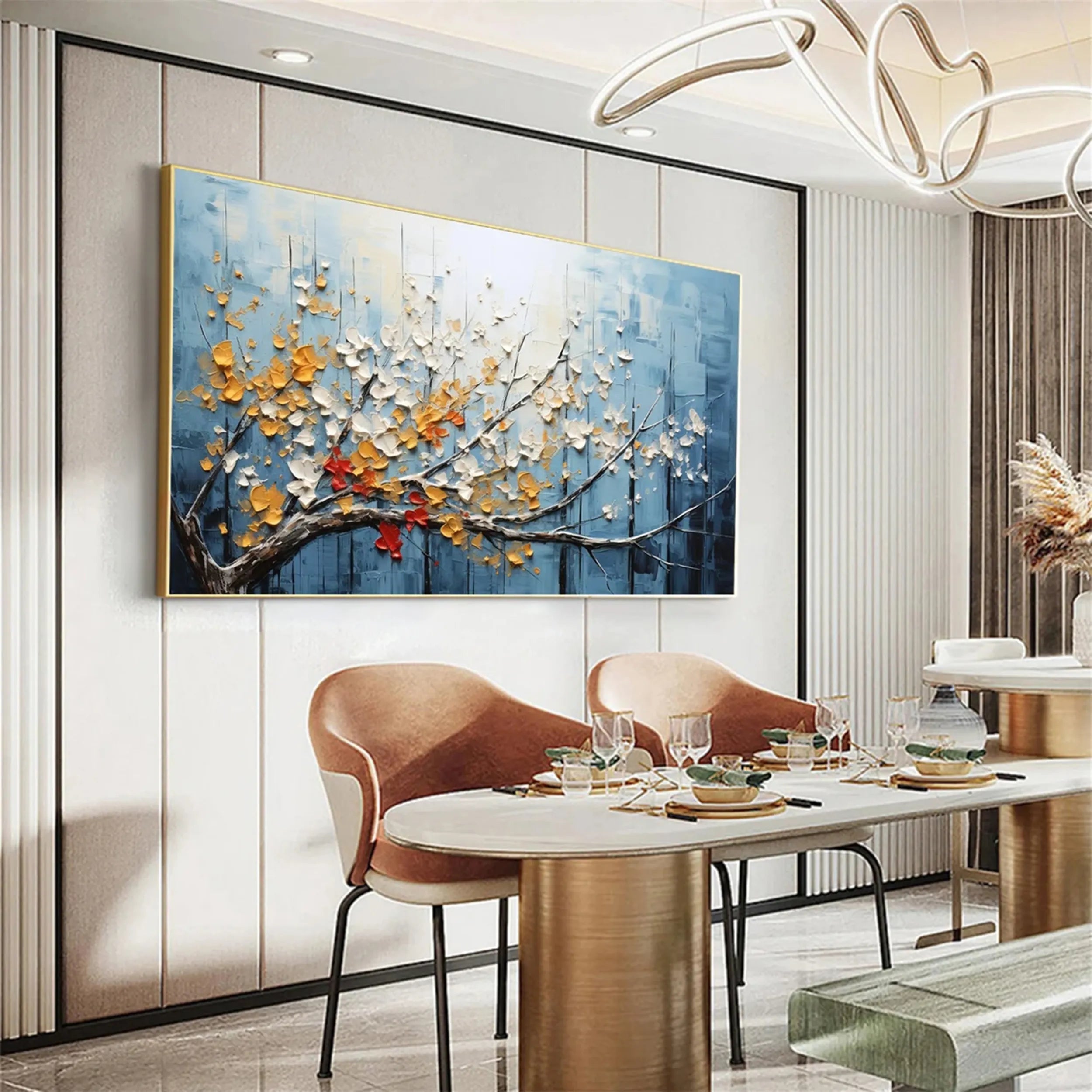 Textured Blue Red Gold Floral Wall Art