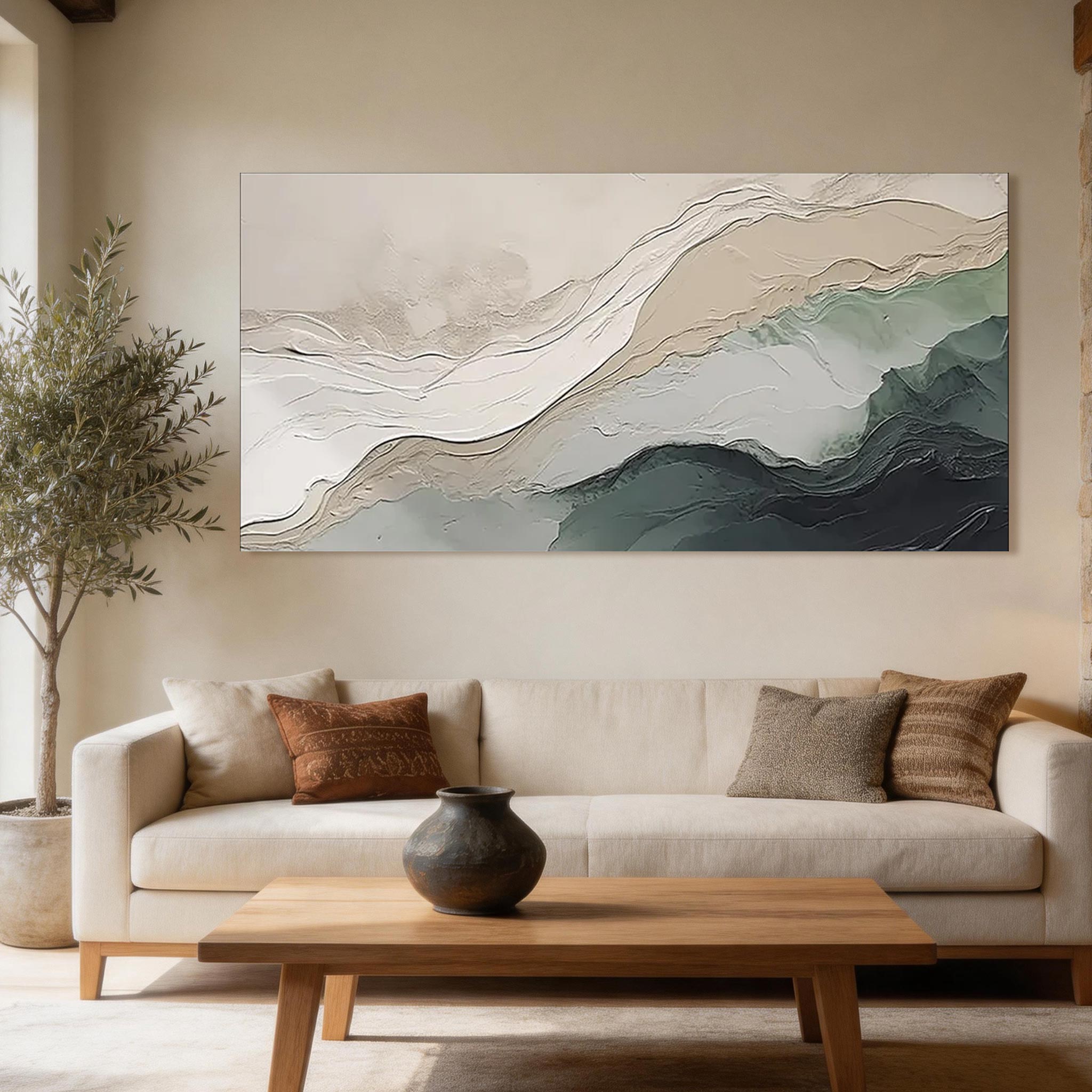 Tidal Layers — Abstract Landscape Canvas Art, Ivory & Sage Teal