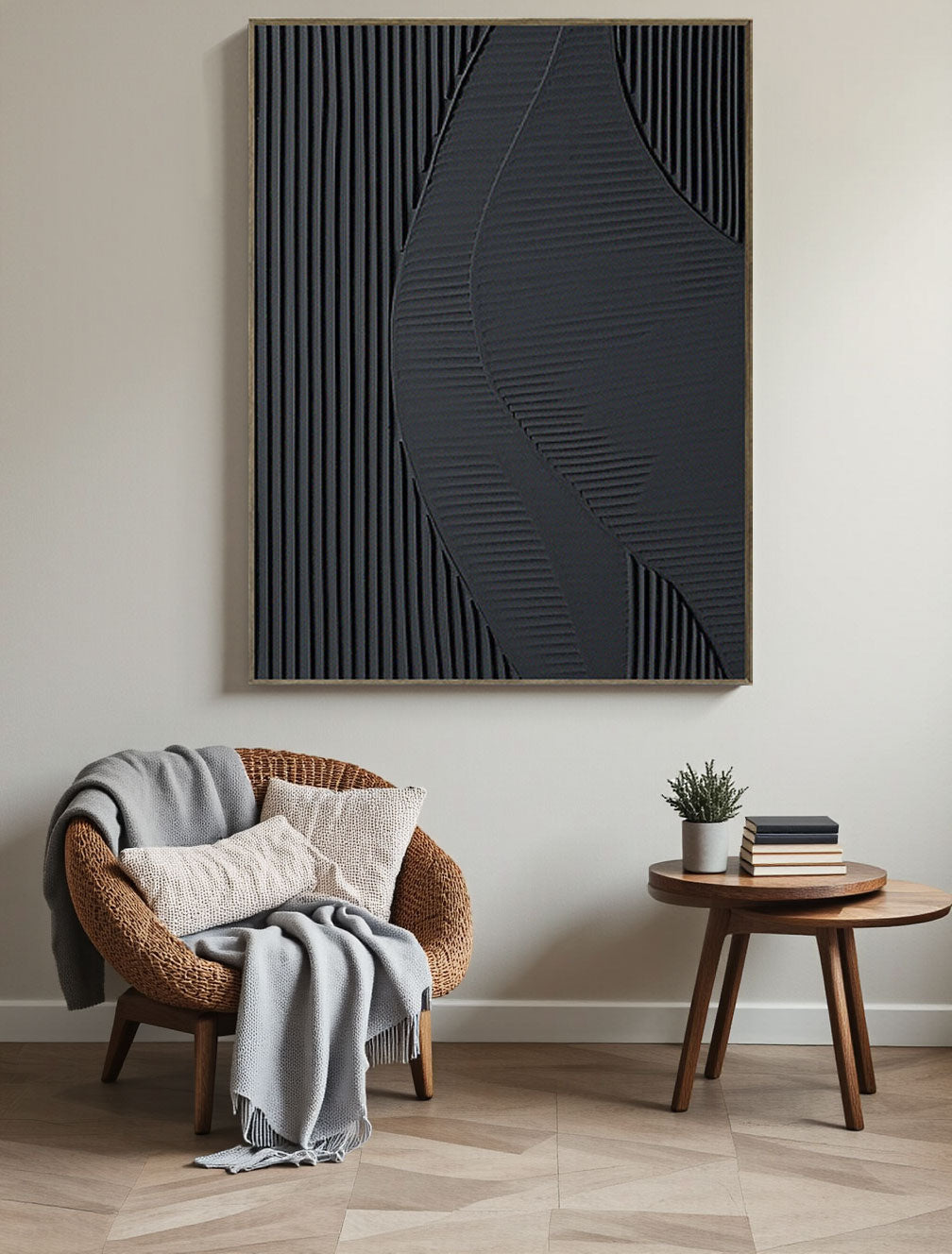 Modern Black Wave Curve Textured Wall Art
