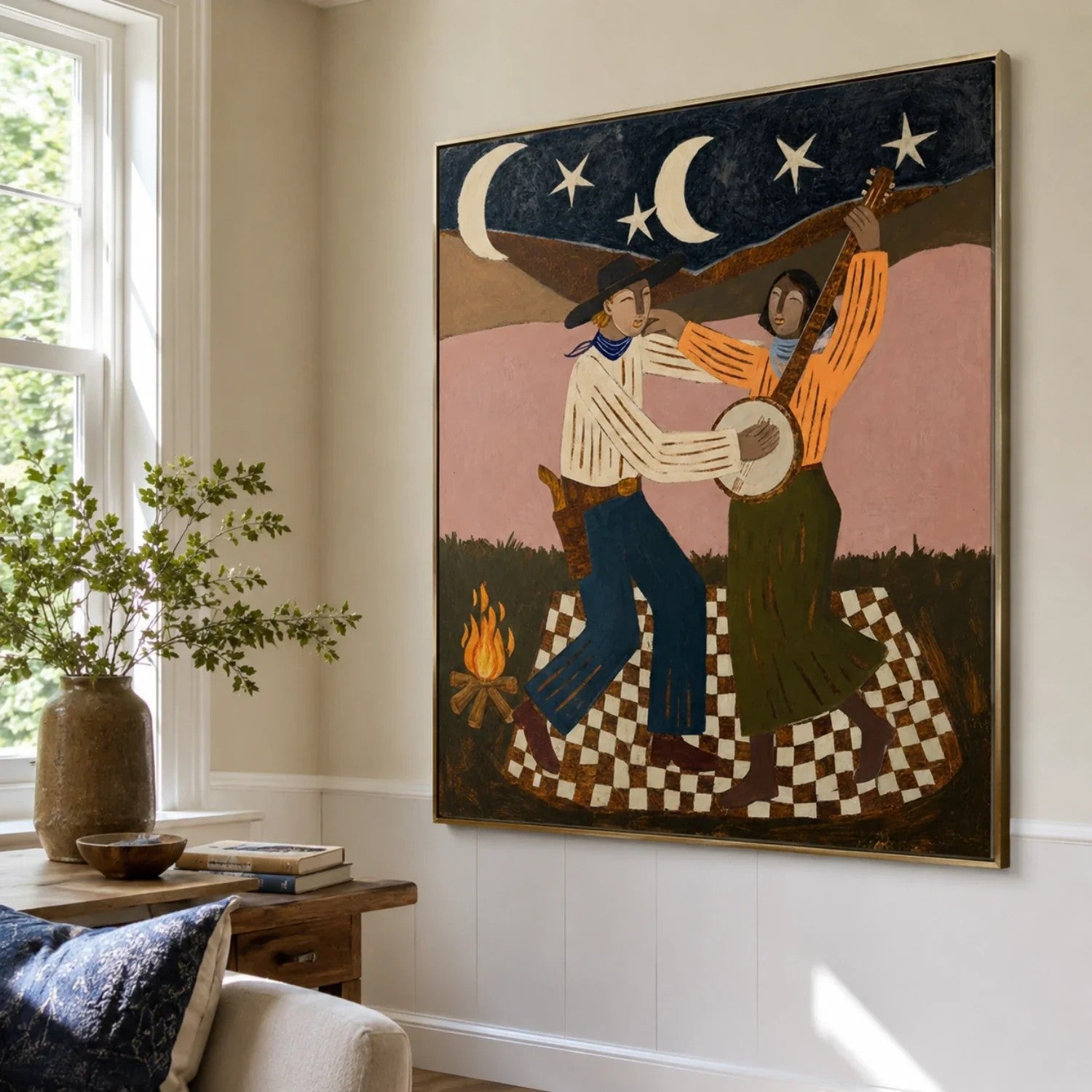 Rustic Folk Moonlit Campfire Duet Wall Art