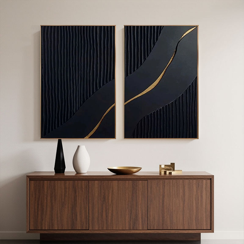 Black Gold Minimalist Textured Paintings Set of 2