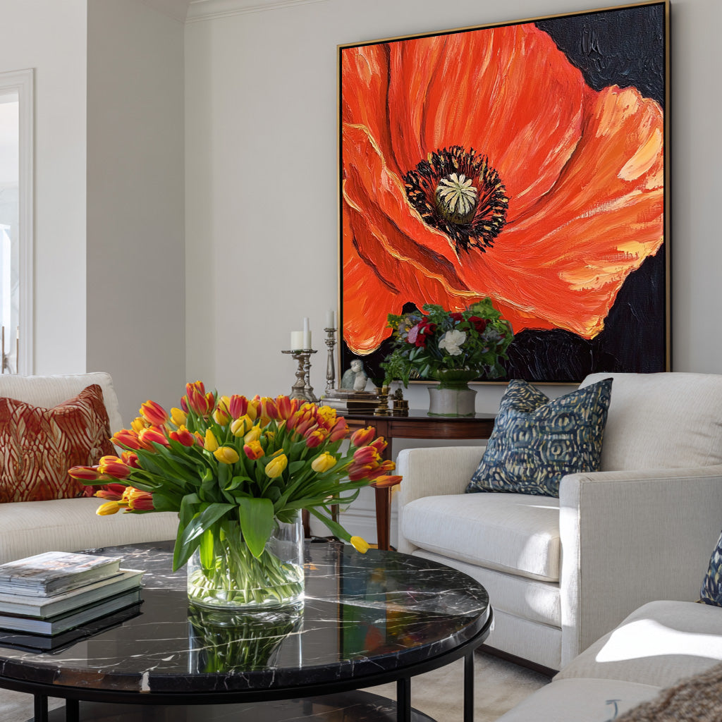 Night Spark - Large Black Red Contrast Floral Wall Art