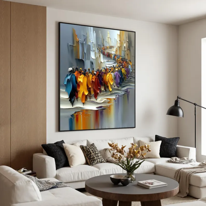 Large Colorful Crowd Procession Canvas Painting