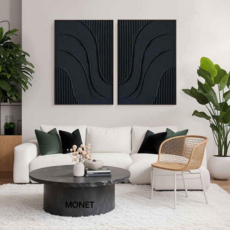 Black Plaster Art Minimalist Textured Paintings Set of 2