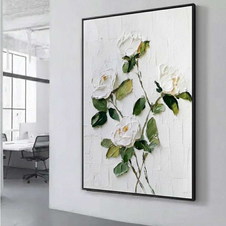 White Gentleness - Modern Impasto White Rose Wall Art