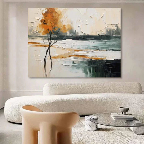 Abstract Landscape Tree Wall Art – Modern Textured Canvas Painting in Warm Tones