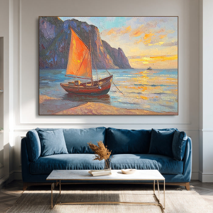 The Orange Sail at Sunset - Modern Impressionist Sailboat Seascape Wall Art