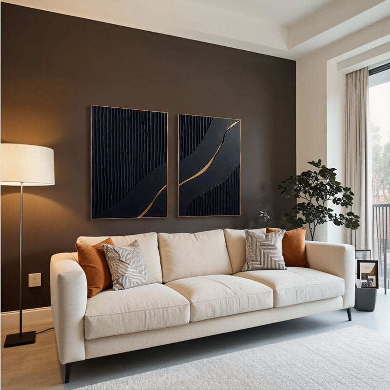 Black Gold Minimalist Textured Paintings Set of 2