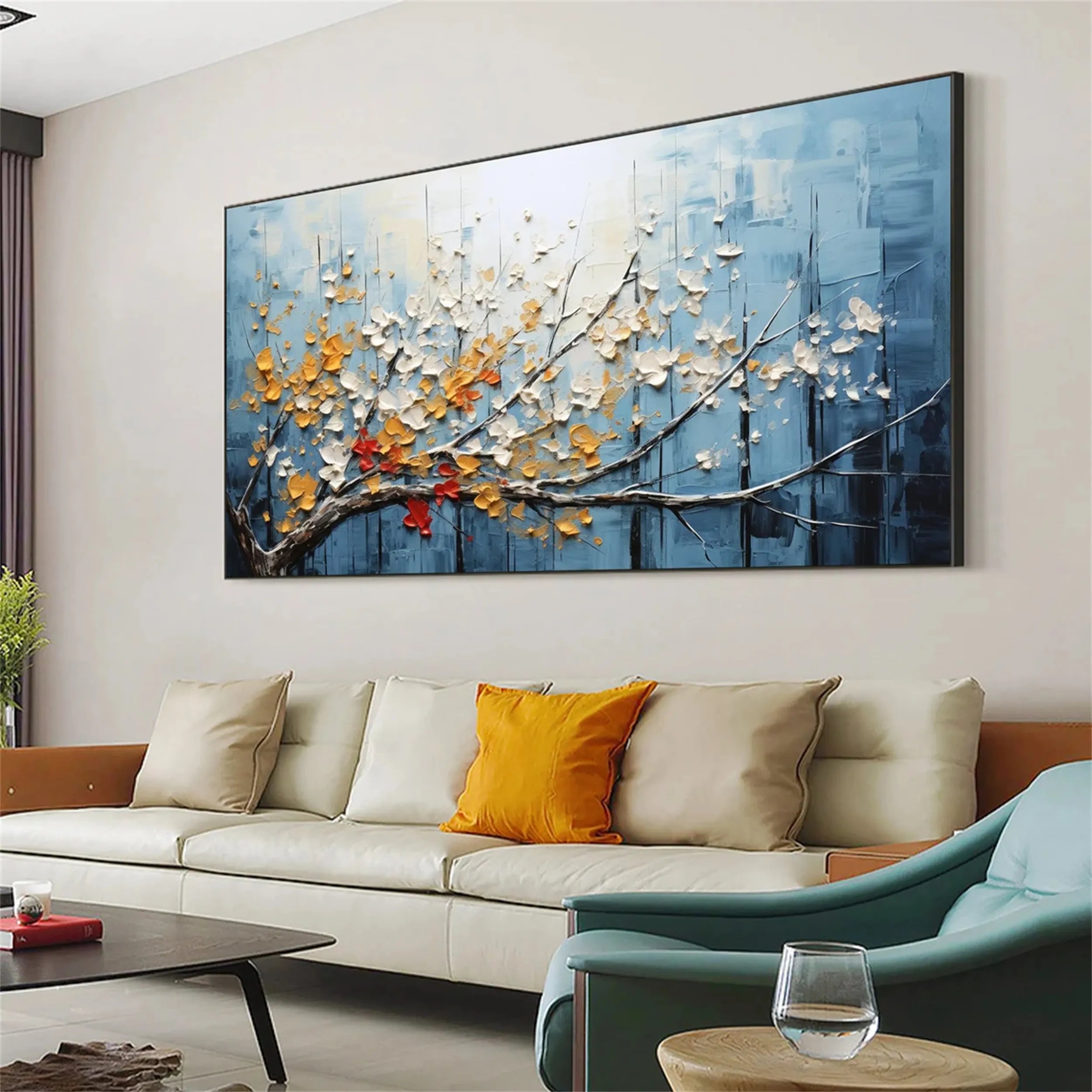 Textured Blue Red Gold Floral Wall Art