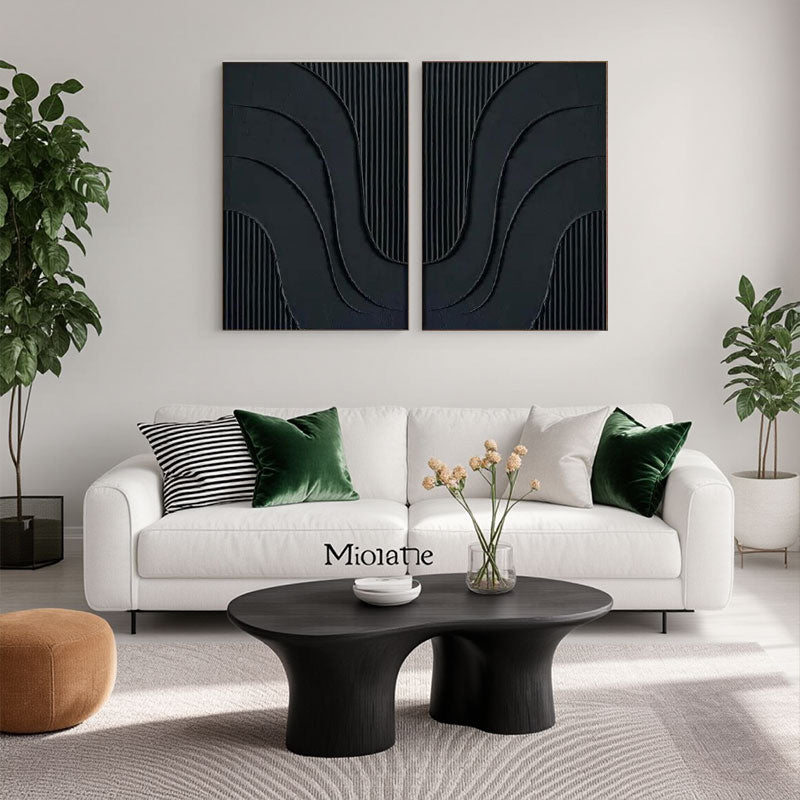 Black Plaster Art Minimalist Textured Paintings Set of 2