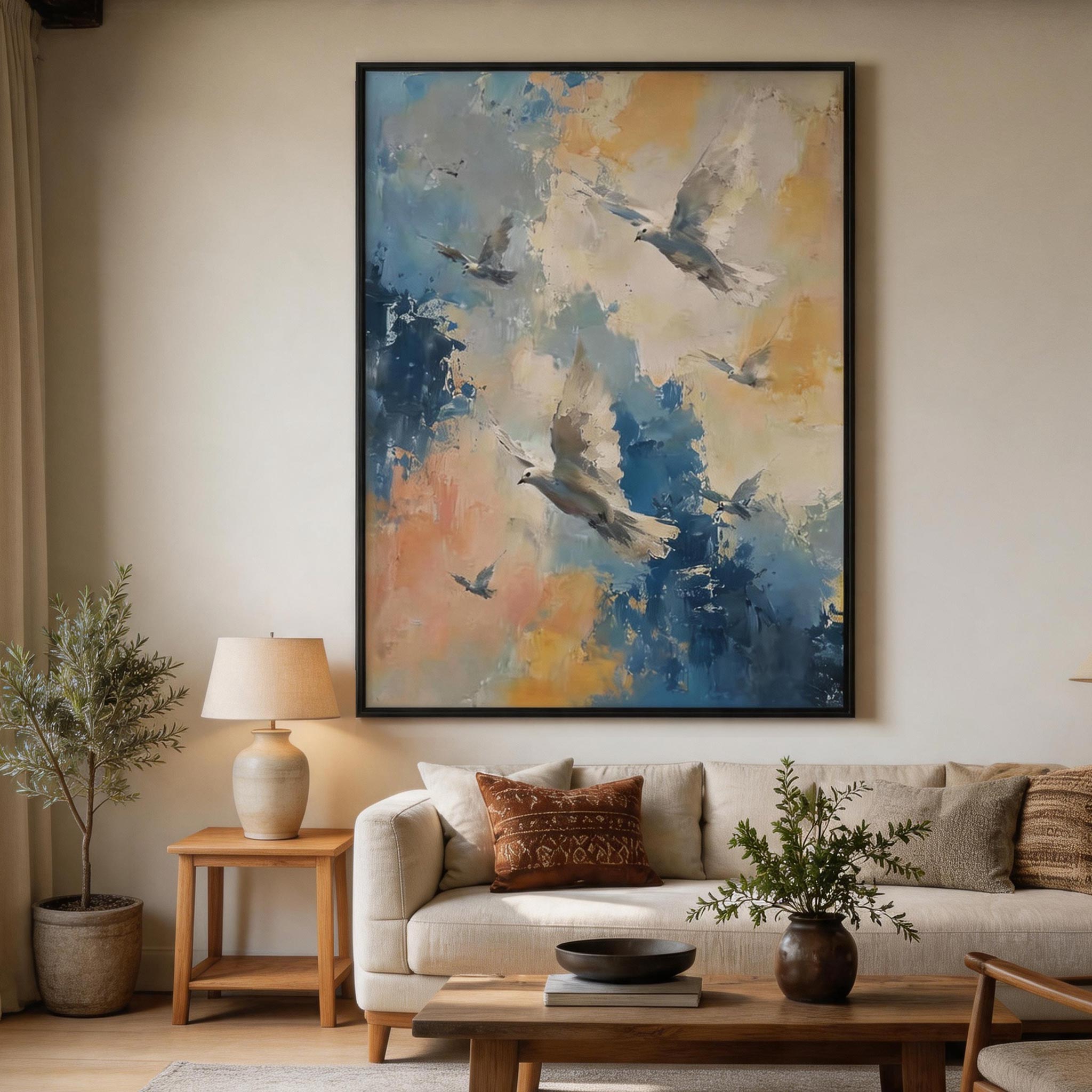 Taking Flight — Abstract Birds Canvas Wall Art in Blue & Gold