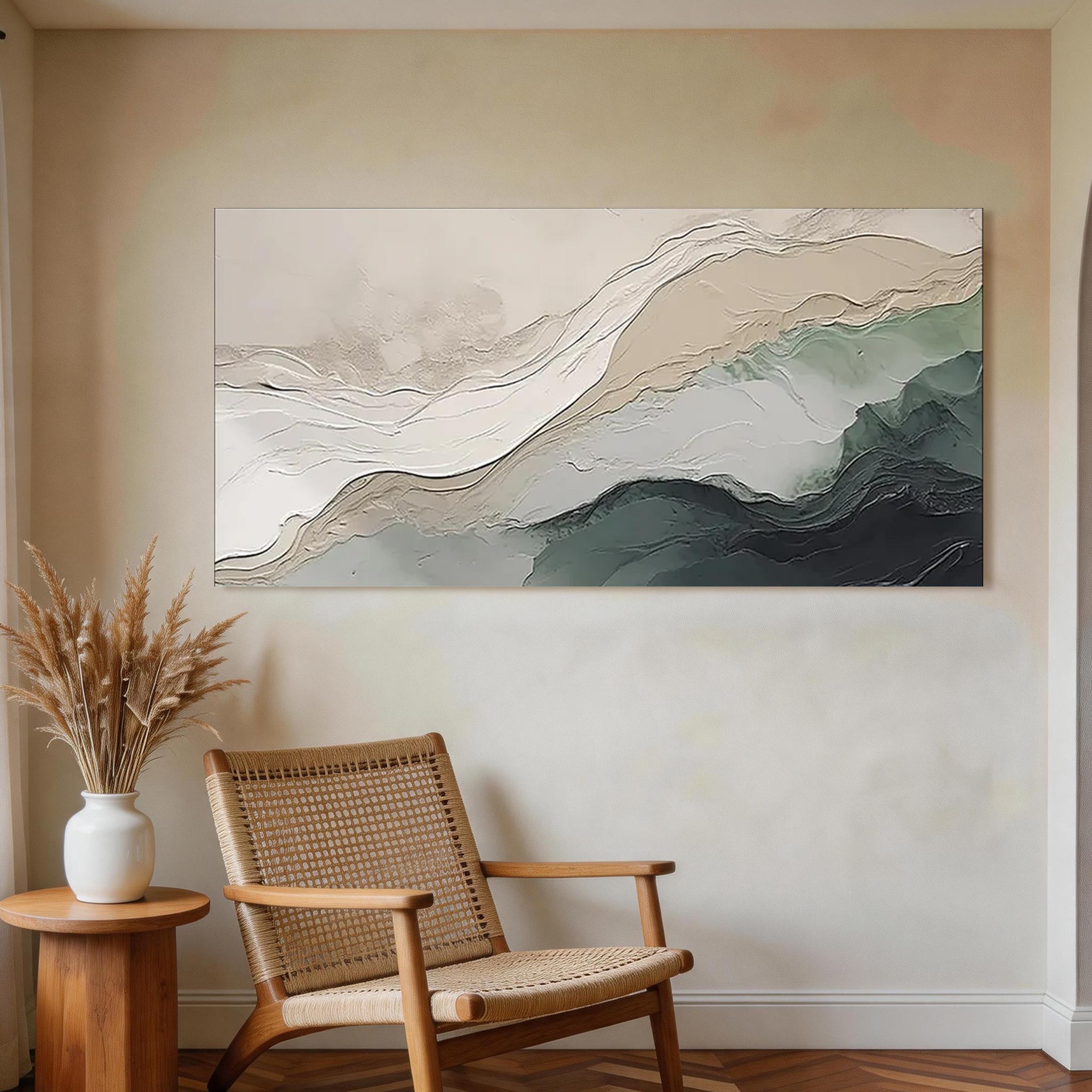 Tidal Layers — Abstract Landscape Canvas Art, Ivory & Sage Teal