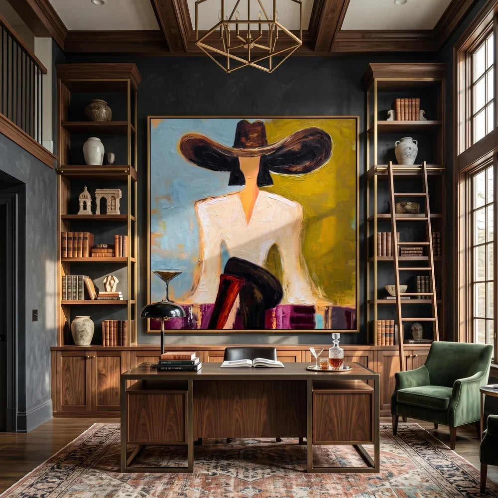 Flat-Toned Wide Brim Hat Figure Wall Art