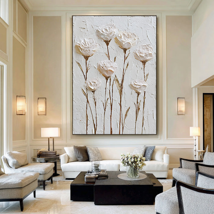 White Silence - Modern Impasto Cream Rose Abstract Wall Art