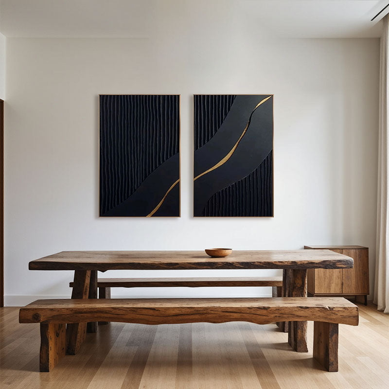 Black Gold Minimalist Textured Paintings Set of 2