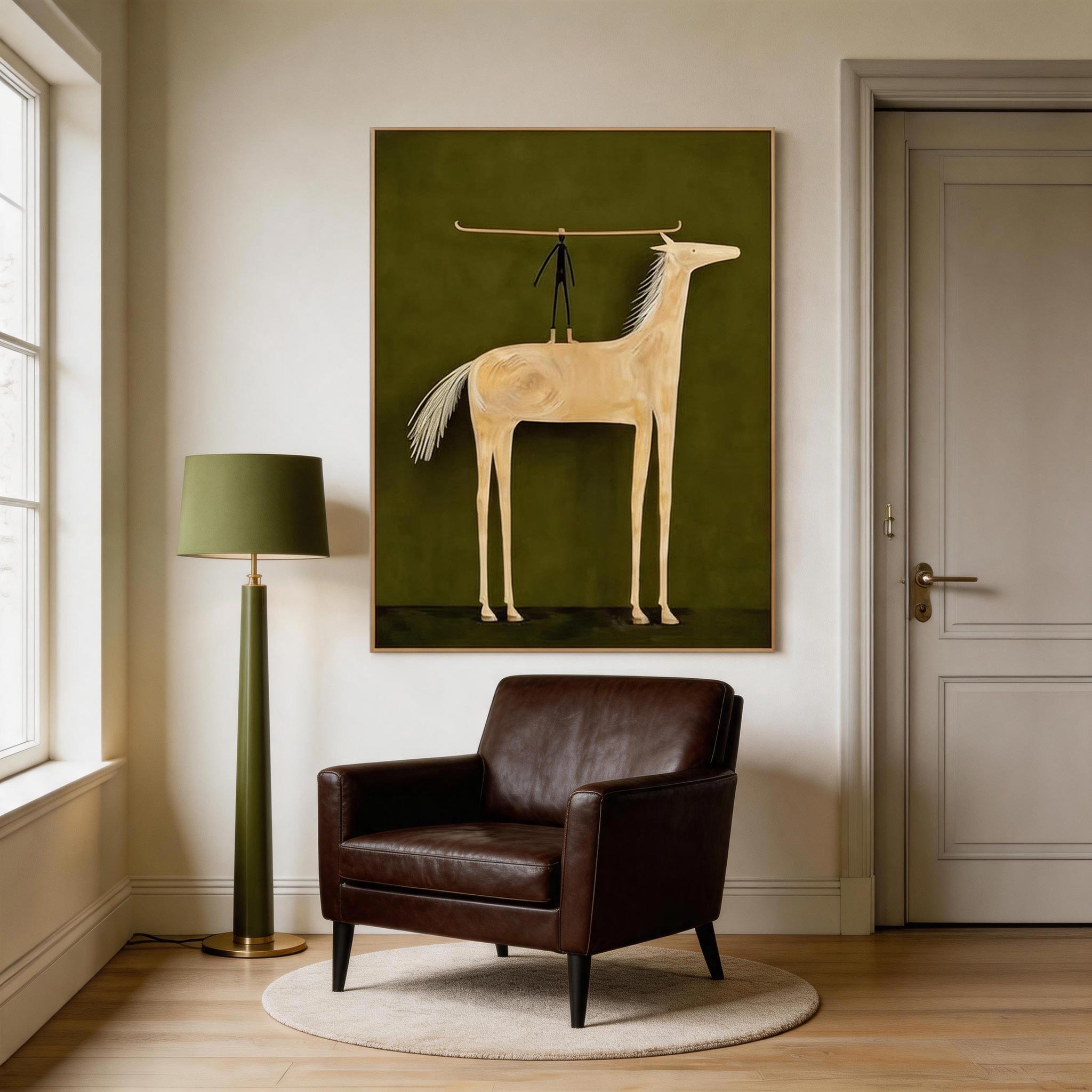 Balance — Primitive Stick Figure & Cream Horse Canvas Wall Art on Olive Green