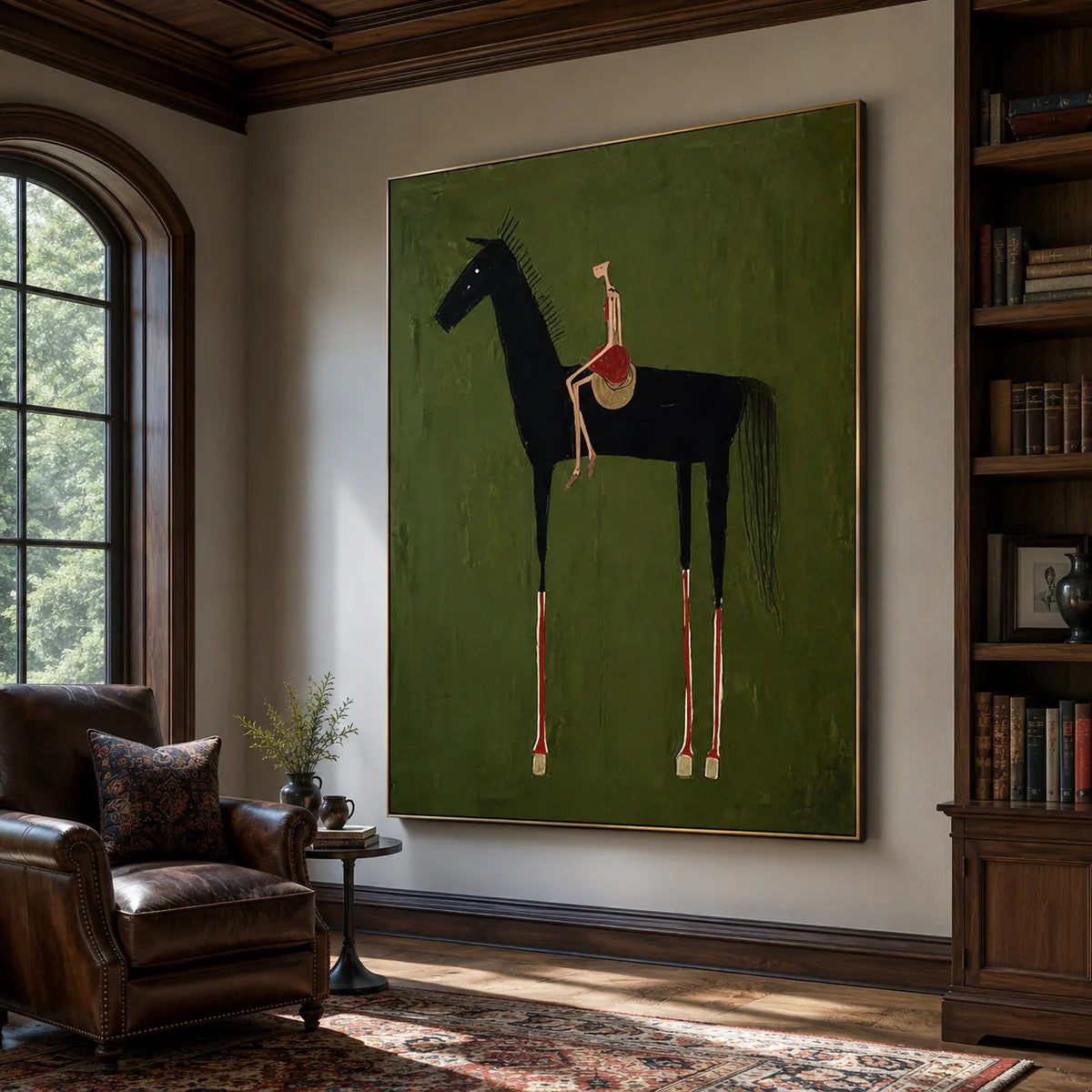 Rustic Folk Elongated Rider on Black Horse Wall Art